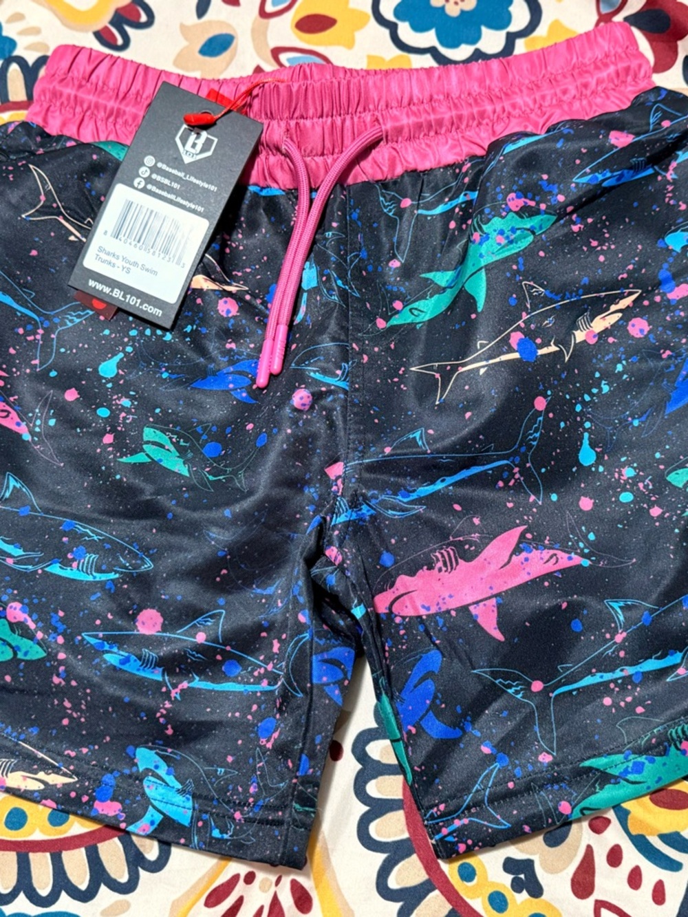 Youth Small- Baseball Lifestyle 101 Swim Trunks:Shark Print Swim Trunks